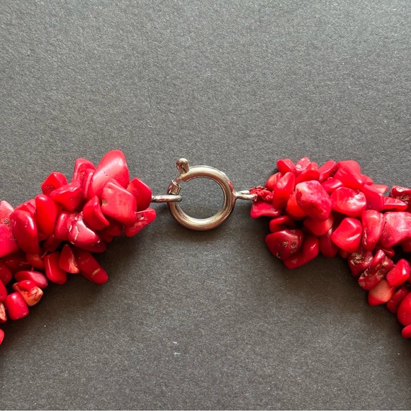 Red Coral Chip Statement Necklace And Bracelet Set | 18 IN - Picture 5 of 10